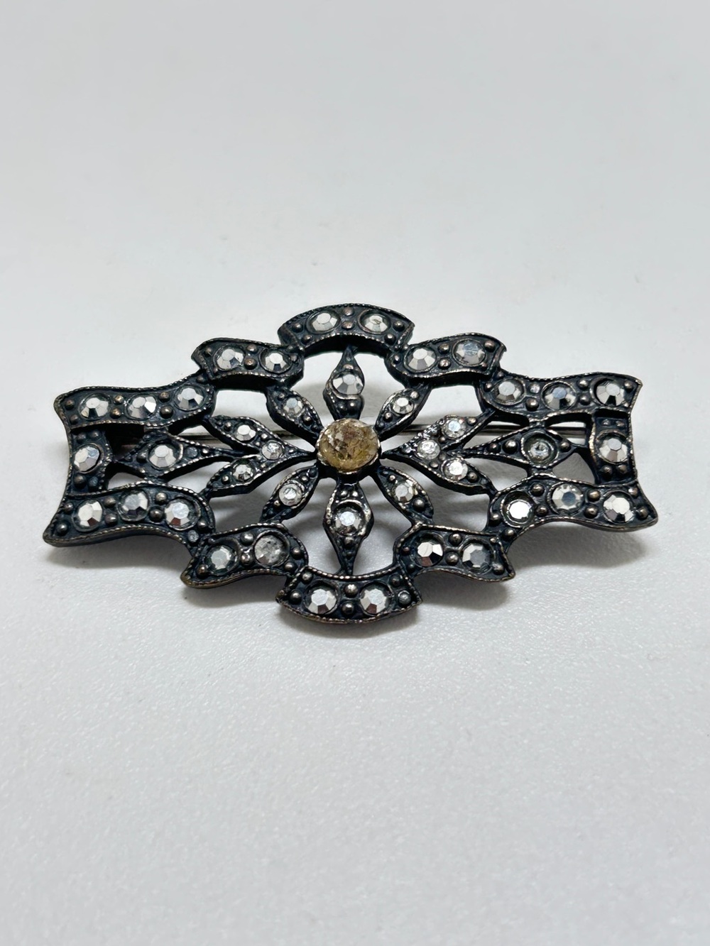 Vintage Art Deco Blackened Metal And Clear Crystal Brooch